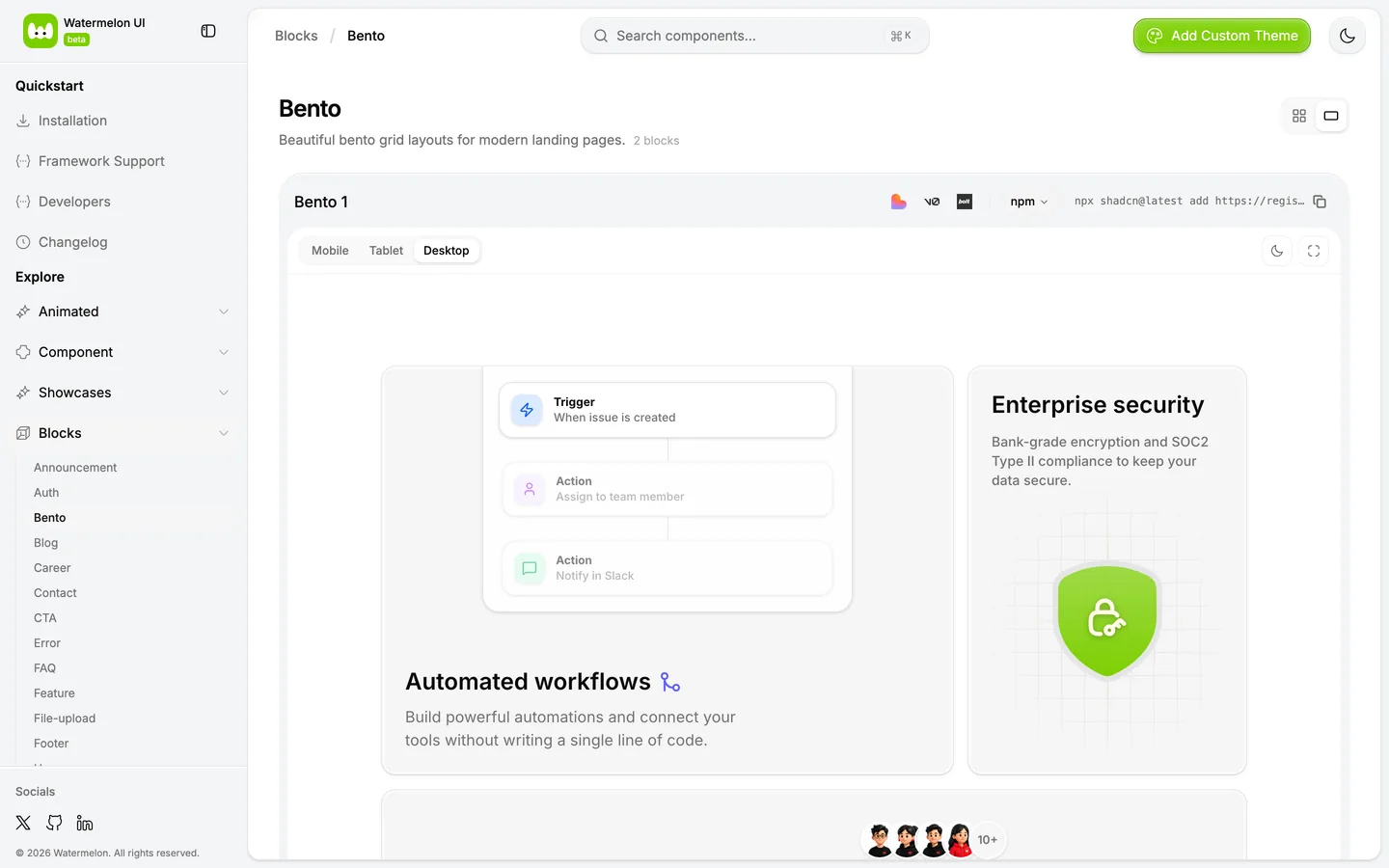 Bento: 2 blocos. Ícones de Lovable, v0 e Bolt em cada ficha