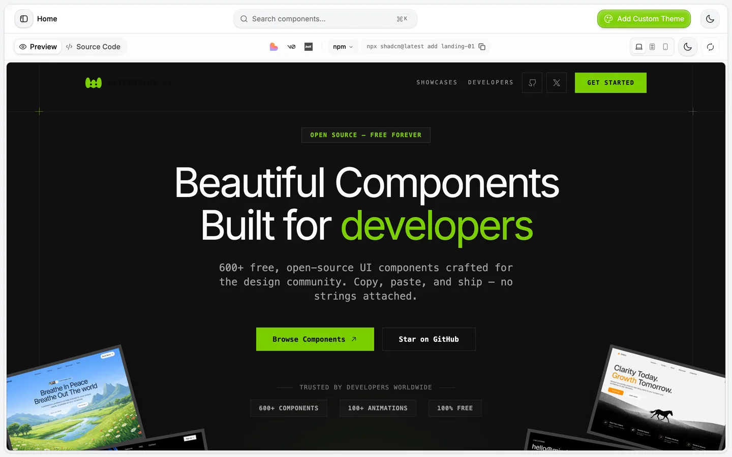 Landing Page 01. Na própria vitrine: 600+ components, 100+ animations. Open source, free forever.